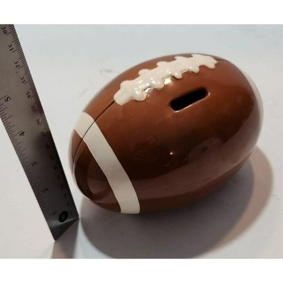 Vtg Ceramic Football Shaped Piggy Bank 7" by 4" Brown and White - Picture 6 of 6